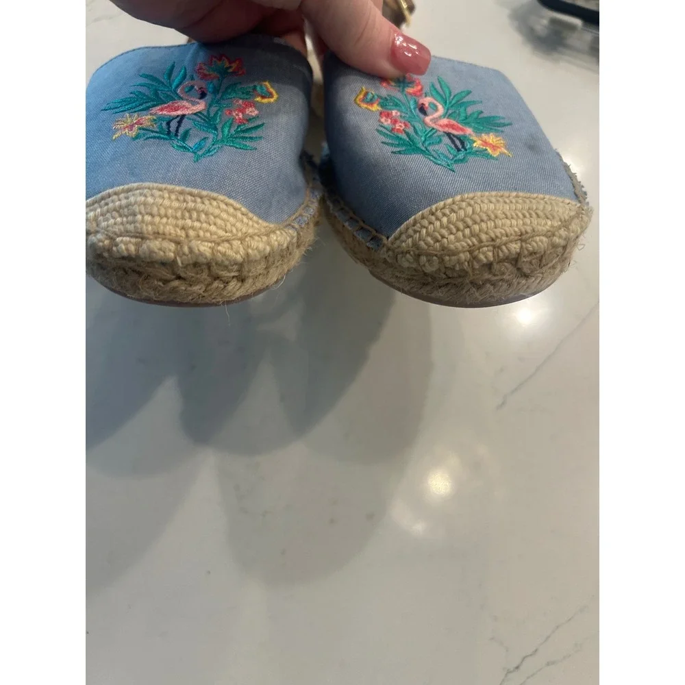 Talbots Espadrille Sandals Blue Flamingo Embroidered Ankle Strap Summer Flats 8M